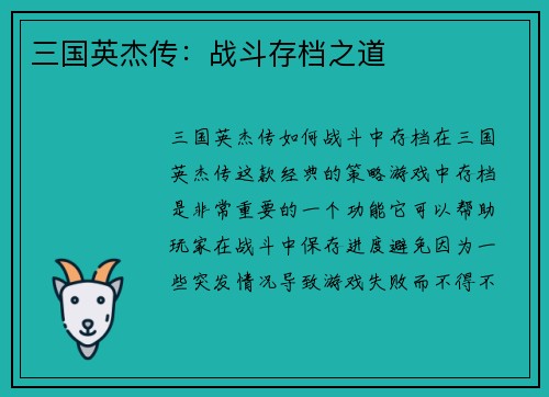 三国英杰传：战斗存档之道